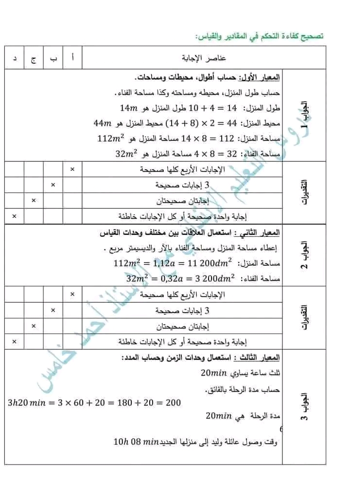 نماذج امتحان تقييم المكتسبات في مادة الرياضيات للسنة الخامسة ابتدائي . نموذج 2 كفاءة التحكم في المقادير والقياس