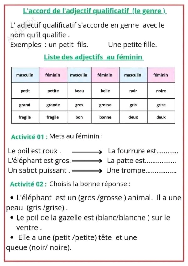 ملخص درس l'adjectif qualificatif épithète  السنة الخامسة إبتدائي صفة الصفة المؤهلة مادة الفرنسية