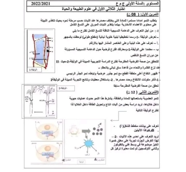 اختبار الفصل الأول في العلوم طبيعية للسنة اولى ثانوي مع الحل  اختبار الثلاثي الأول في العلوم طبيعية والحياة