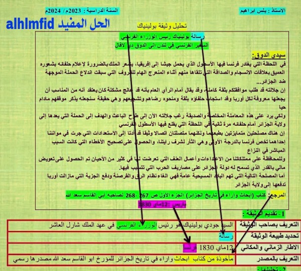 تحليل وثيقة بولينياك 4 متوسط   - مع شرح طريقة تحليل الوثيقة من حيث التقديم