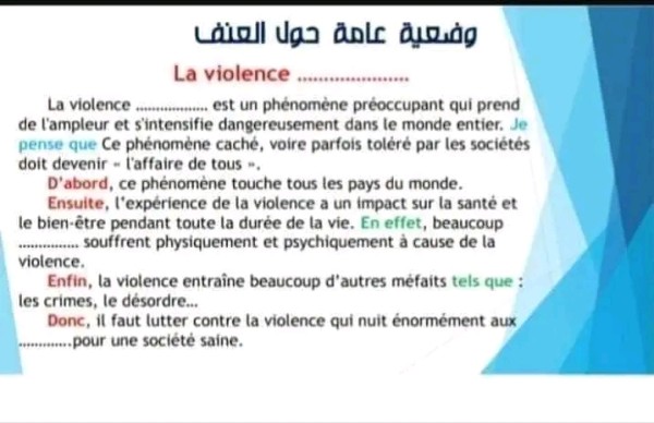 وضعية عامة حول العنف 4 متوسط وضعية إدماجية عن العنف بالفرنسية للسنة الرابعة 4 متوسط تعبير عن العنف