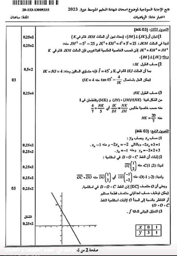 التصحيح النموذجي الوزاري لشهادة التعليم المتوسط في الرياضيات دورة 2023