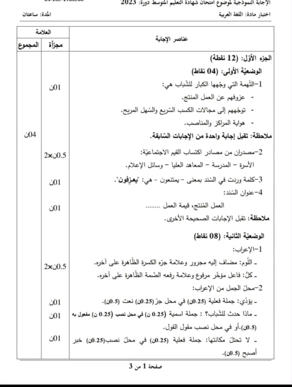 التصحيح النموذجي الوزاري لشهادة التعليم المتوسط في مادة اللغة العربية دورة 2023 حل امتحان شهادة التعليم المتوسط لغة عربية دورة 2023