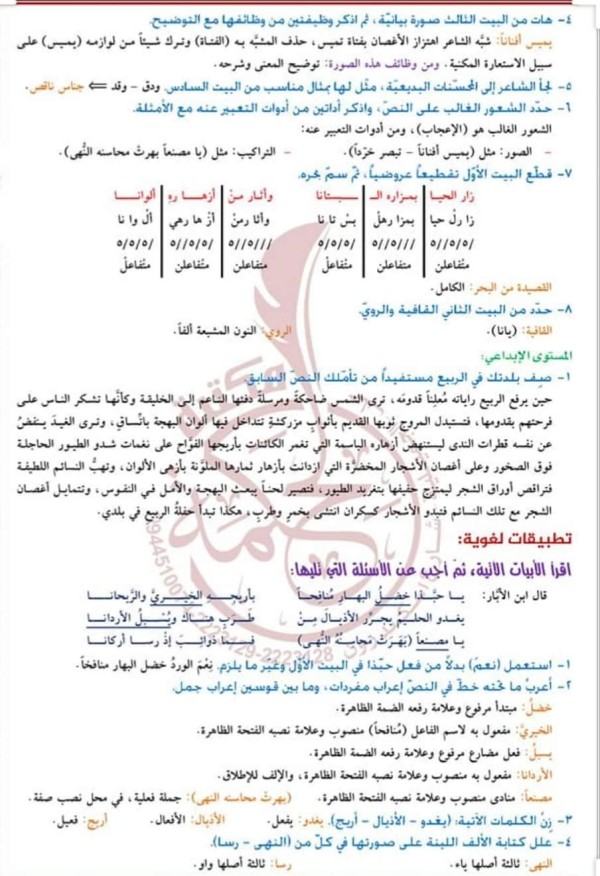 شرح وحل وإعراب قصيدة الطبيعة الفاتنة كامل وتطبيقاتها الصف الحادي عشر علمي